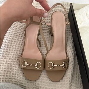 Gucci Tan Heels with Gold Detailing